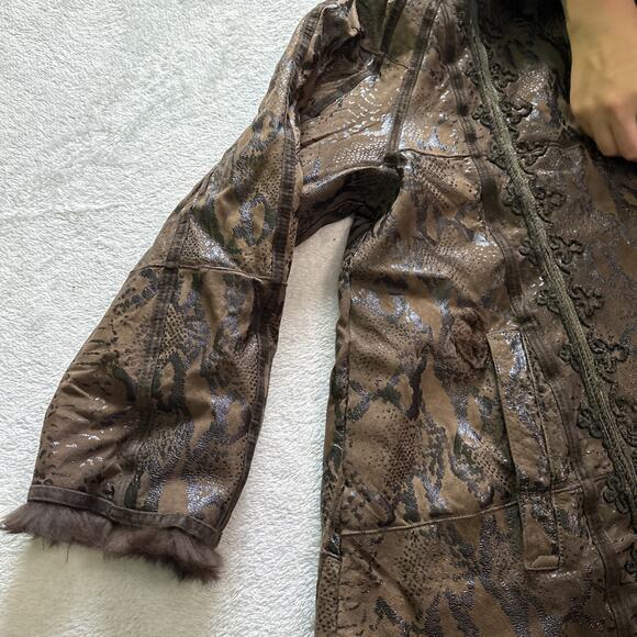 Vintage Talenti Italy Shearling Coat Brown Embossed Leather Fur Trim M-L - Picture 6 of 16